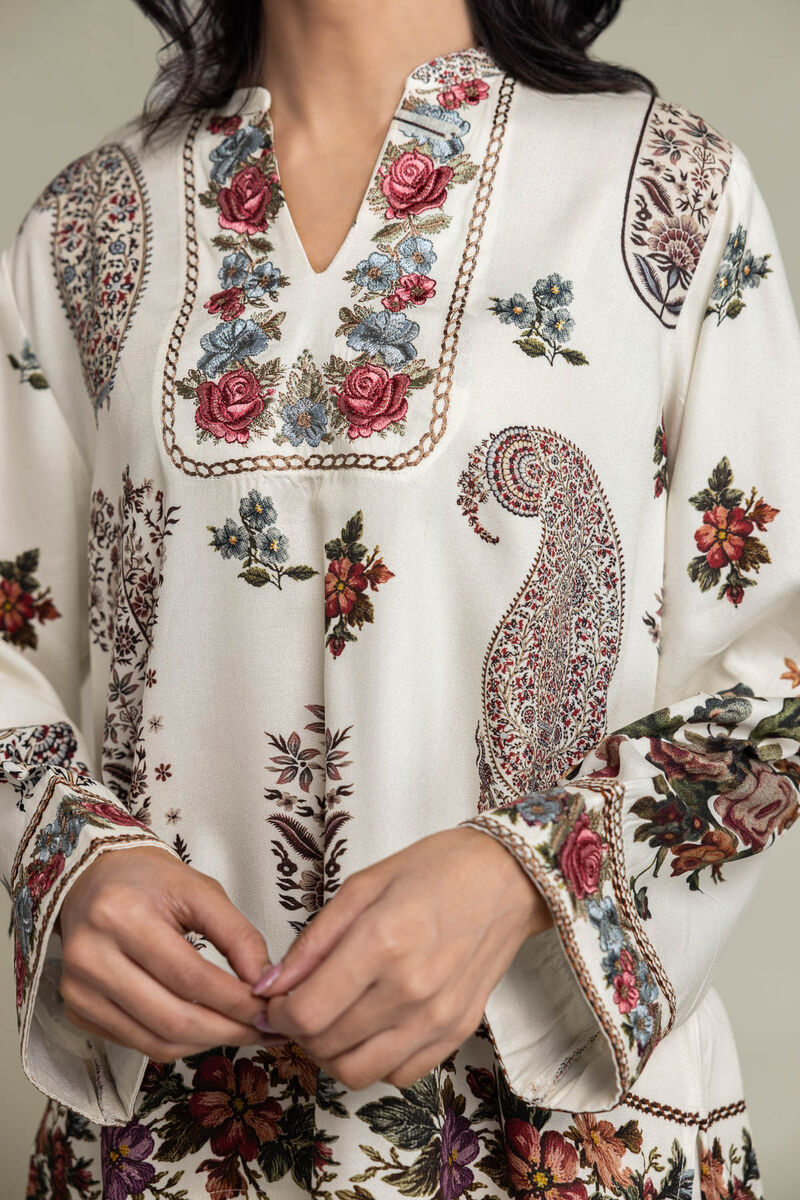 Embroidered | Viscose Crepe | Floral V-Neck Shirt | USD 40.00