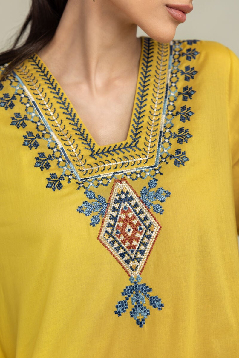 Embroidered | Cambric | Yellow Longline Kurta | USD 40.00