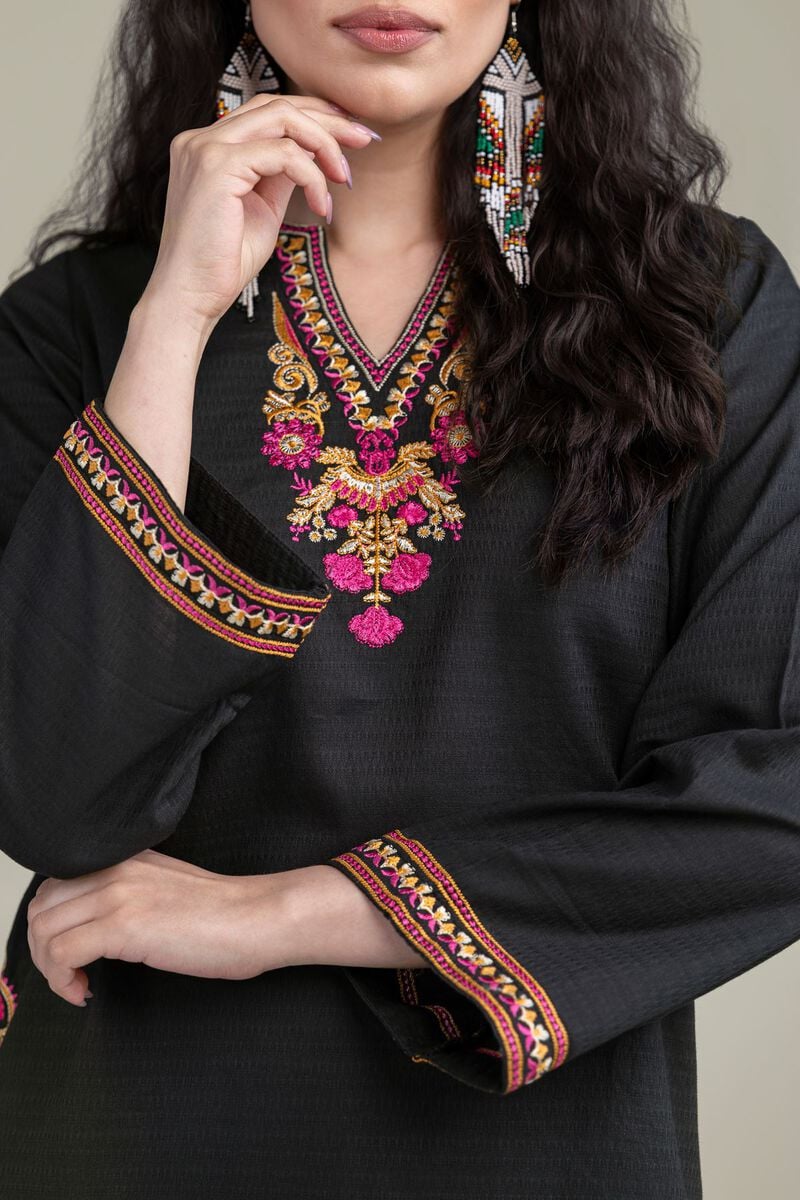 Embroidered | Cotton Dobby | Black V-Neck Kurta | USD 35.00