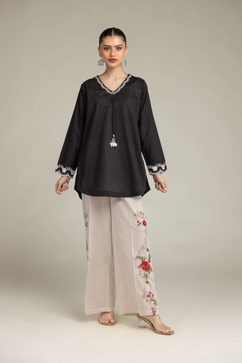 Embroidered | Cotton Dobby | Black V-Neck Kurta | USD 35.00