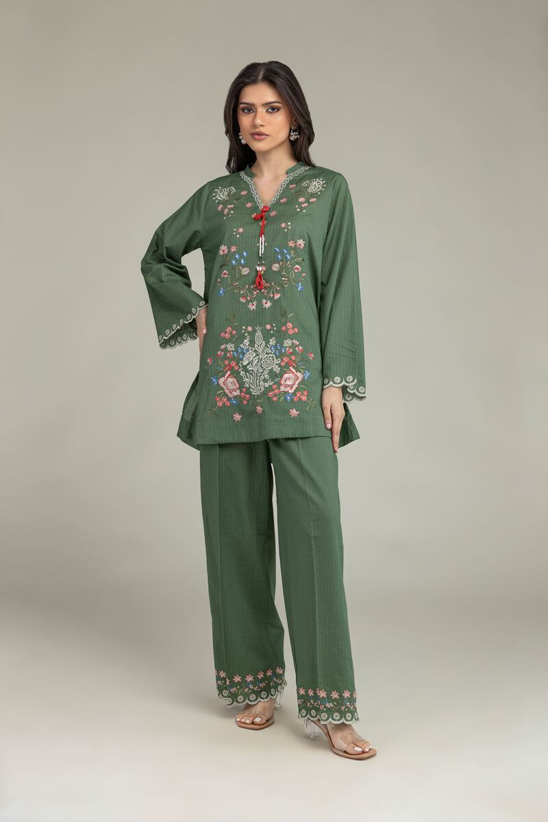 Embroidered | Cotton Dobby | Floral Green Pants | USD 30.00