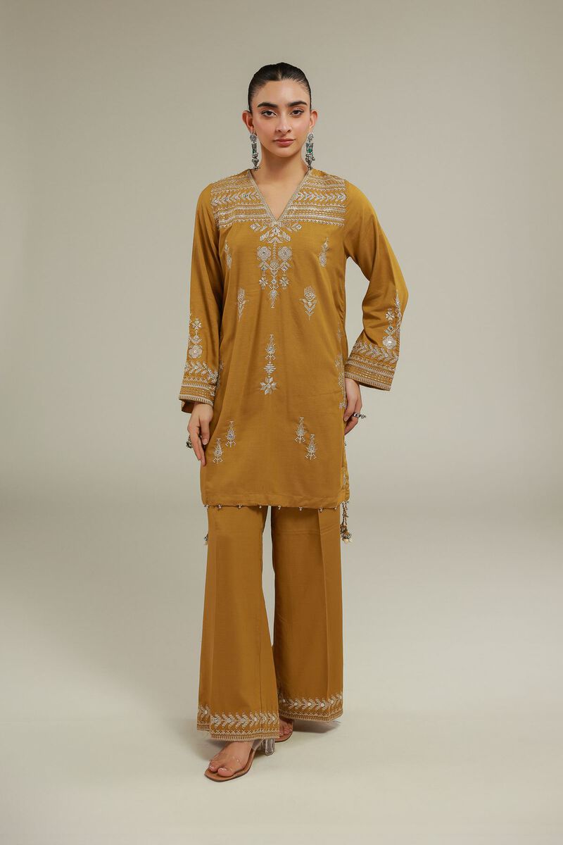 Embroidered | Raw Silk | Geometric V-Neck Kurta | USD 55.00
