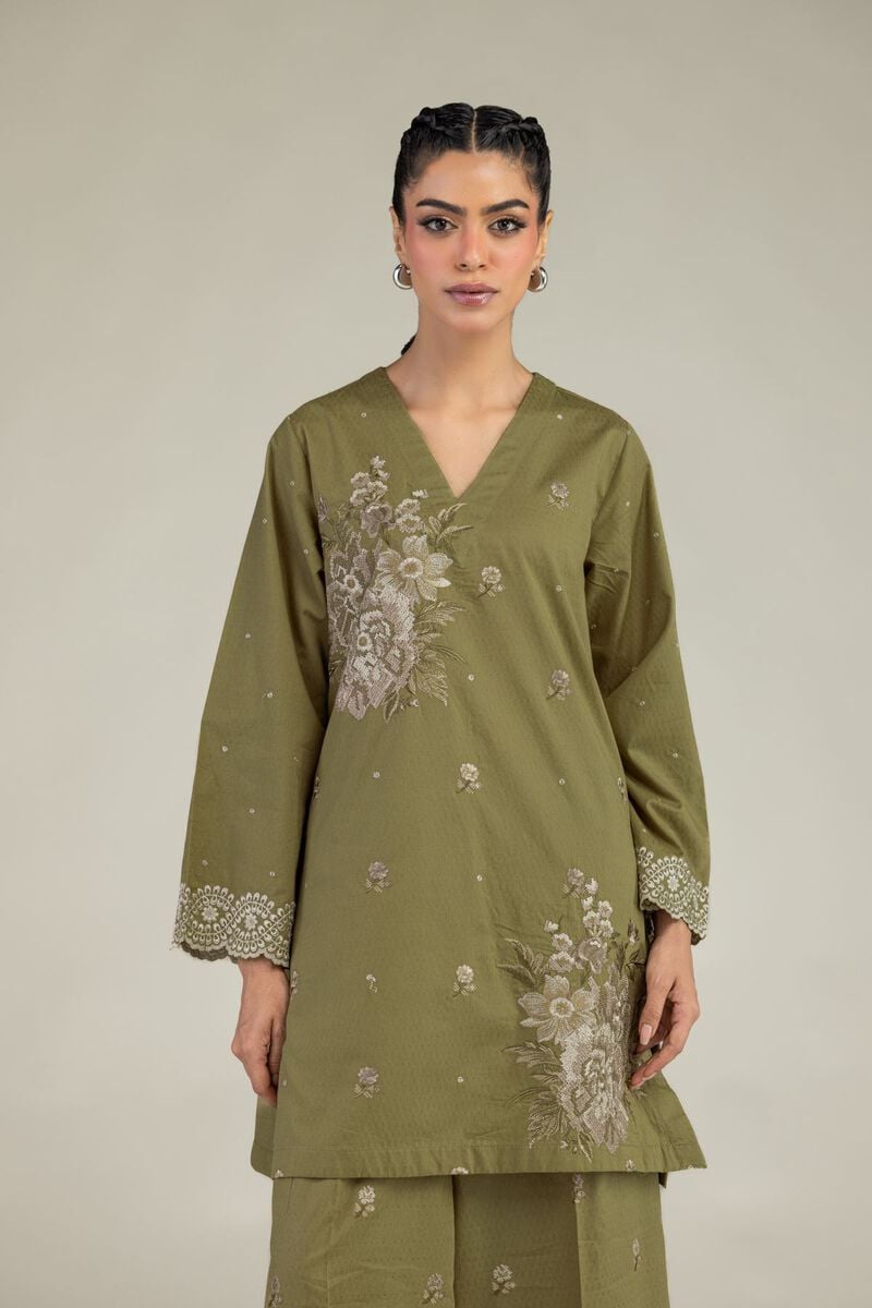 Embroidered | Cotton Dobby | Olive V-Neck Kurta | USD 45.00