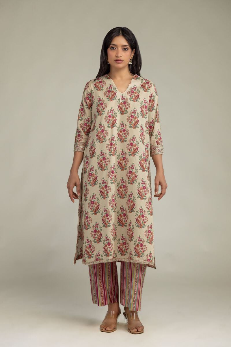 Embroidered | Cambric | Beige Cambric Kurta | USD 40.00