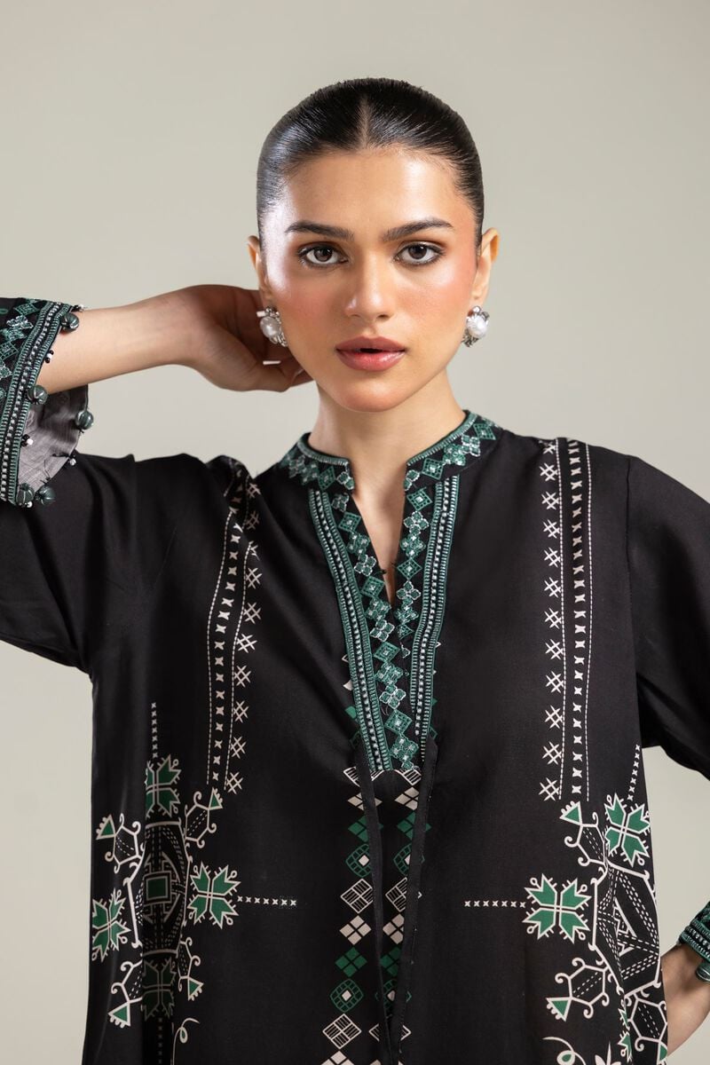 Embroidered | Raw Silk | Black V-Neck Kurta | USD 45.00