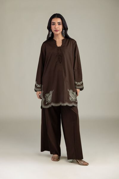 Embroidered | Cambric | Brown Cambric Pants | USD 30.00