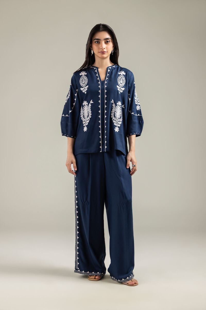 Embroidered | Viscose Crepe | Viscose Navy Trousers | USD 30.00