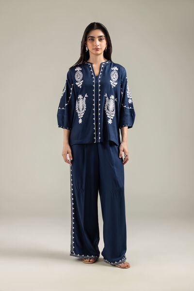 Embroidered | Viscose Crepe | Viscose Navy Trousers | USD 30.00