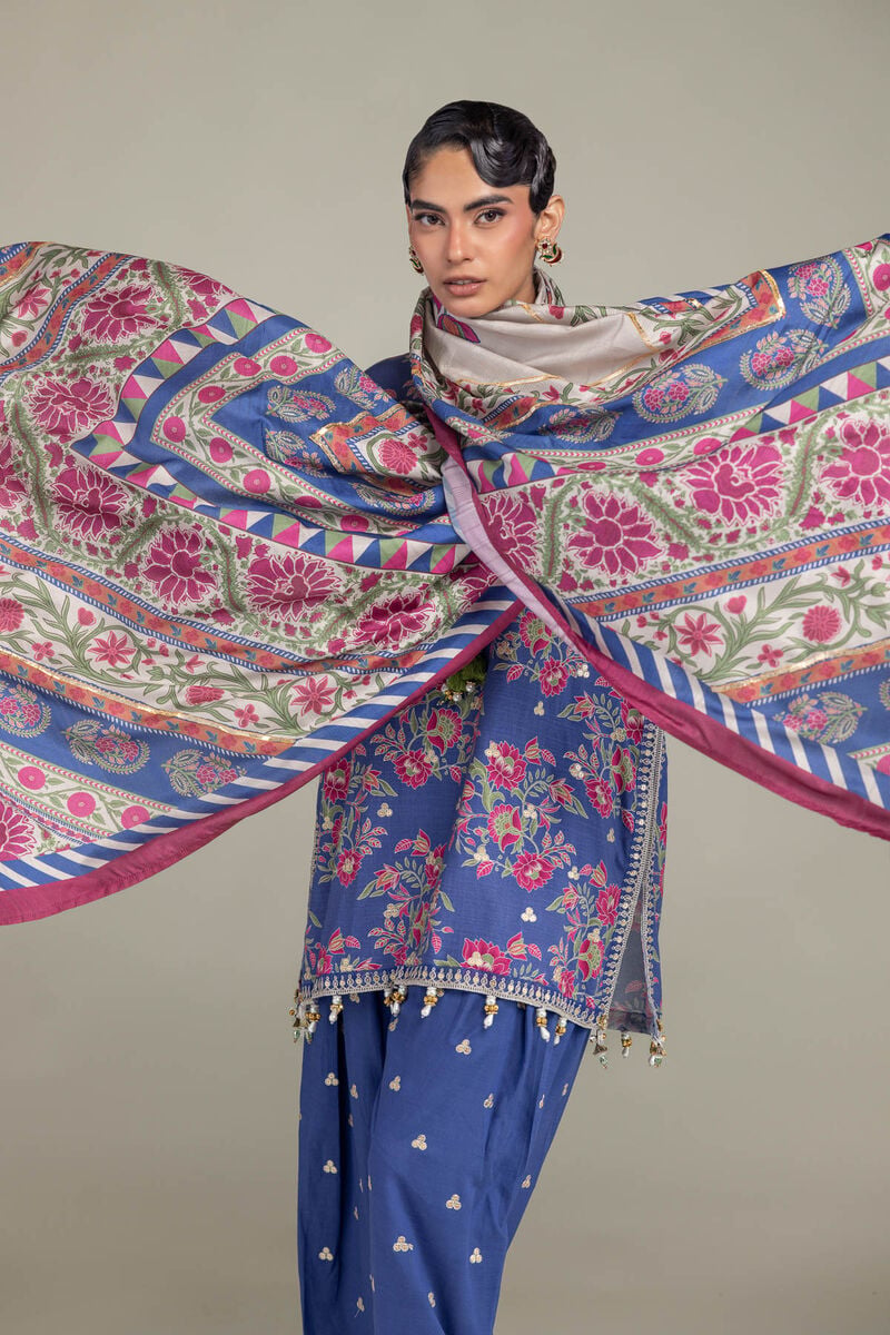 Embroidered | Polyester Silk | Blue Floral Dupatta | USD 35.00