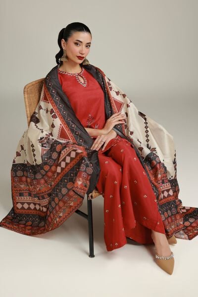 Embroidered | Raw Silk | Printed Rust Kurta | USD 60.00