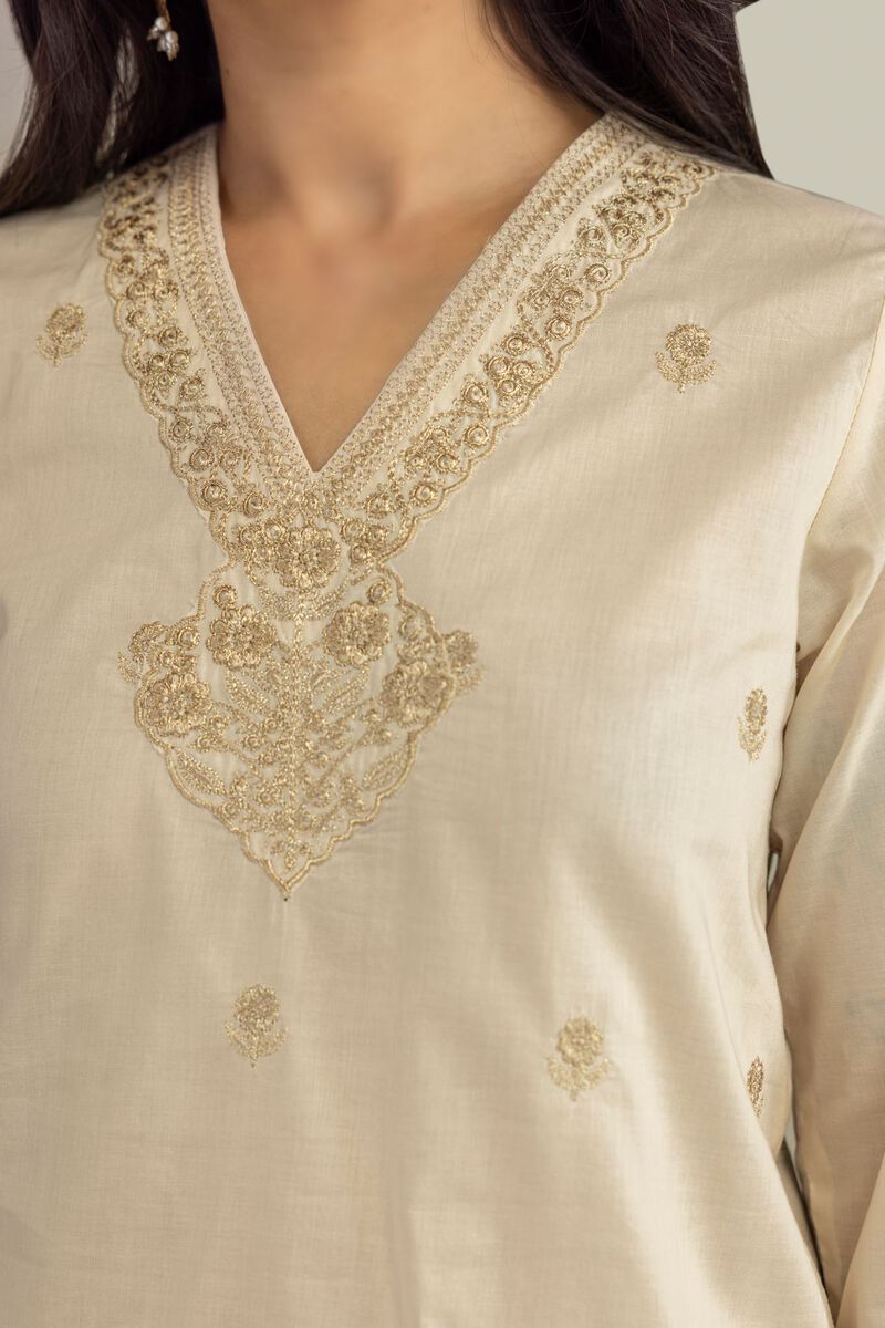 Embroidered | Cambric | Beige V-Neck Kurta | USD 40.00