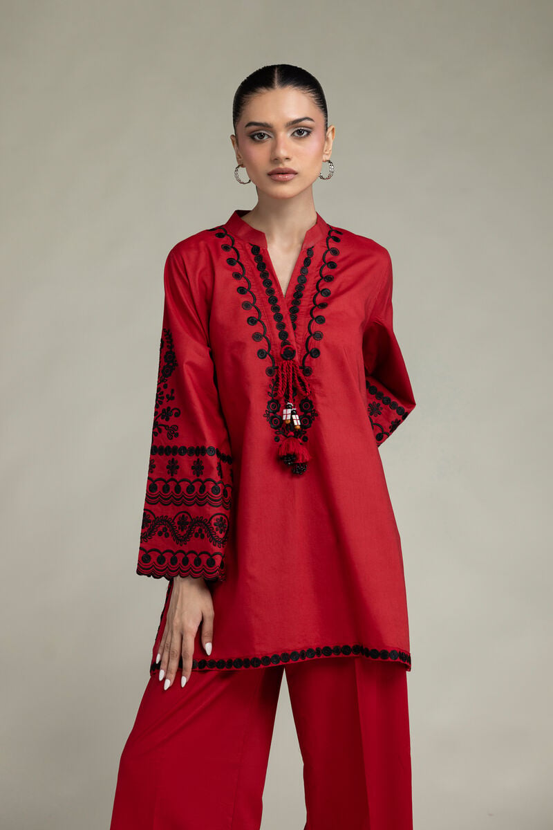 Embroidered | Cambric | Red Cambric Kurta | USD 55.00