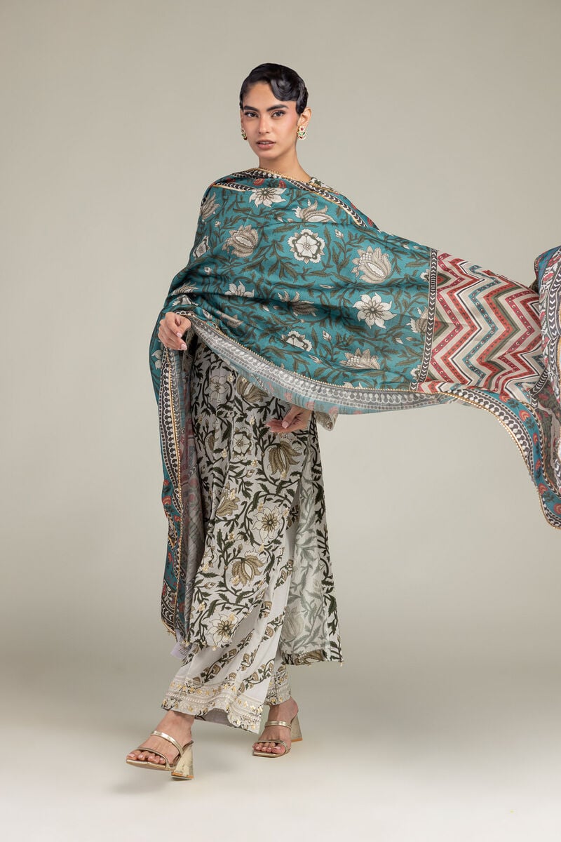 Embroidered | Polyester Silk | Floral Teal Dupatta | USD 30.00