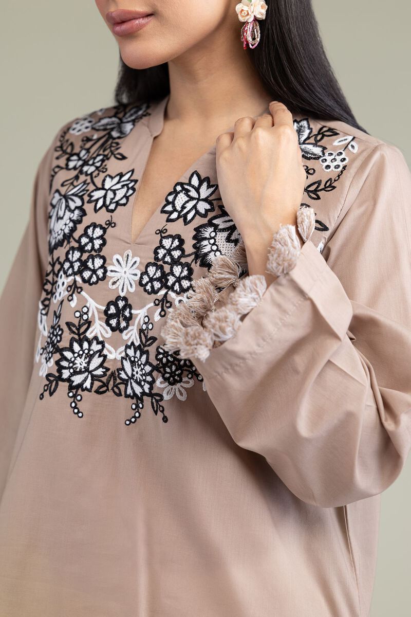 Embroidered | Cambric | Floral Beige Kurta | USD 35.00