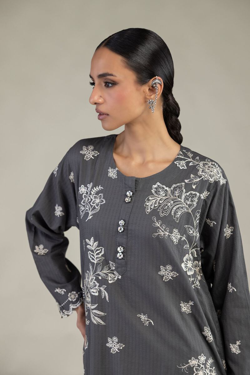 Embroidered | Cotton Dobby | Gray Longline Kurta | USD 55.00