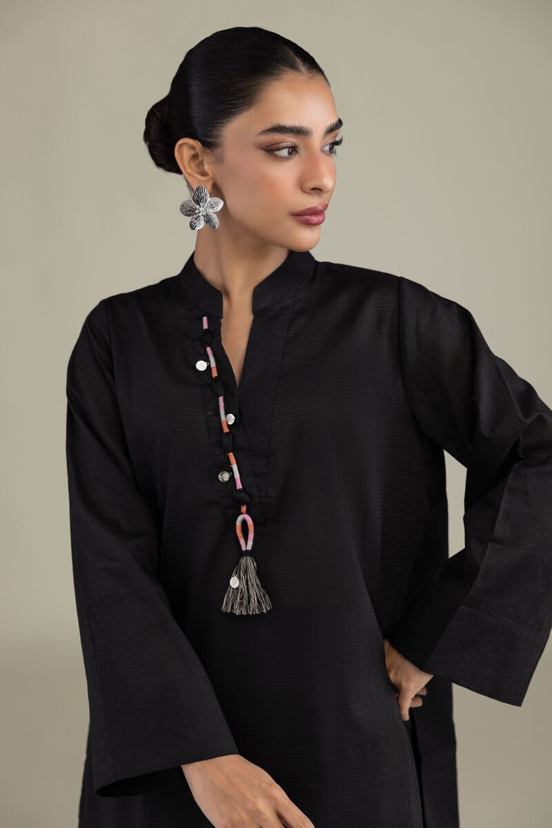 Dyed | Textured Cotton | V-Neck Black Kurta | USD 35.00