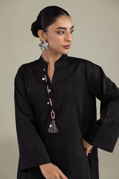 Dyed | Textured Cotton | V-Neck Black Kurta | USD 35.00