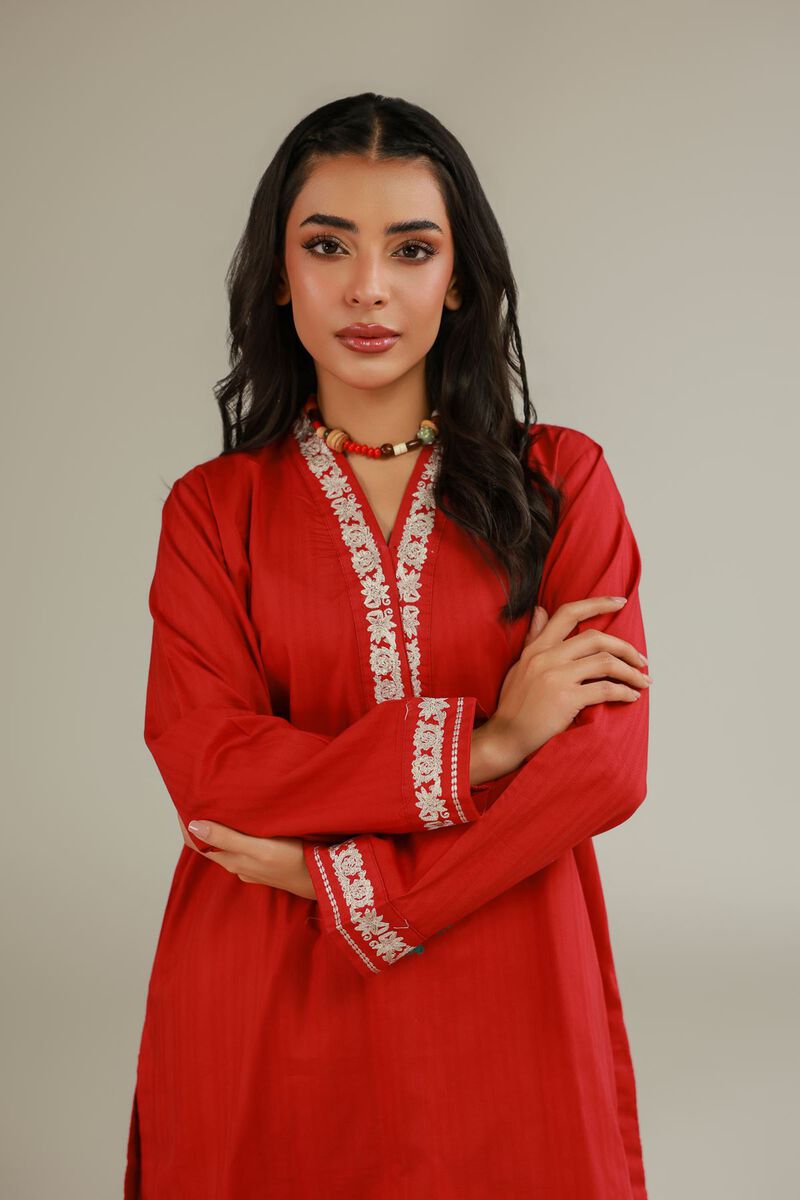 Embroidered | Cotton Dobby | Red Floral Kurta | USD 35.00