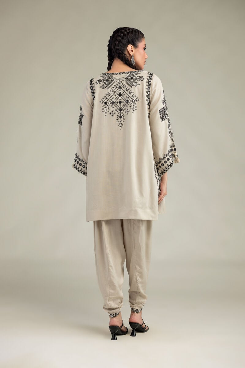 Embroidered | Raw Silk | Short Beige Kurta | USD 60.00