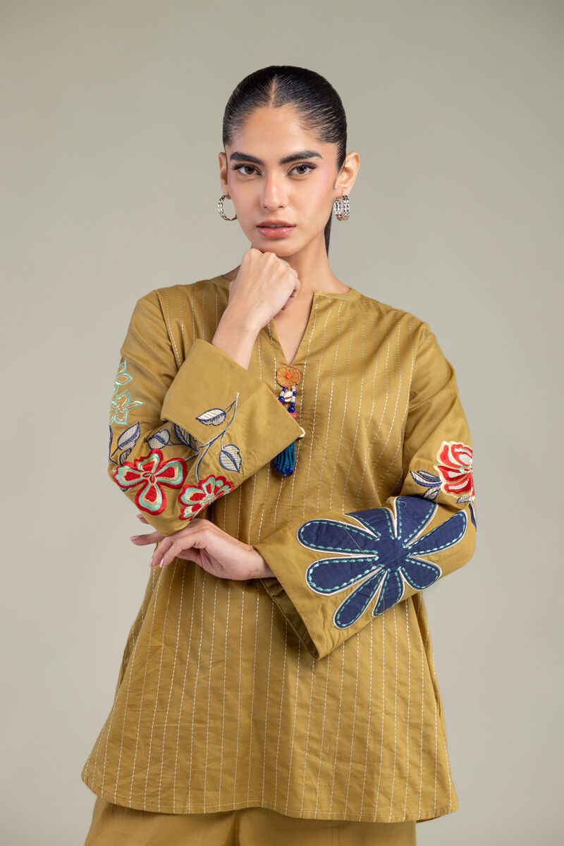 Embroidered | Cambric | Mustard V‑Neck Tunic | USD 40.00