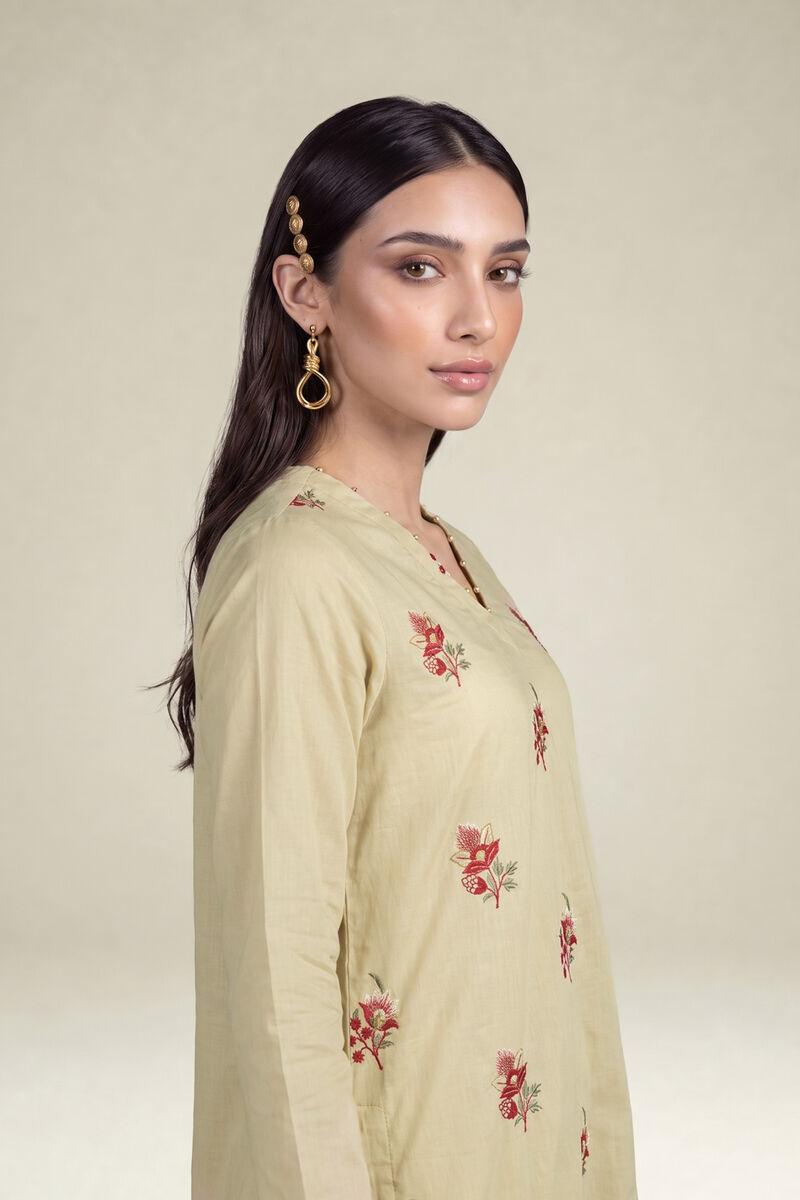 Embroidered | Cambric | Beige Cambric Kurta | USD 40.00