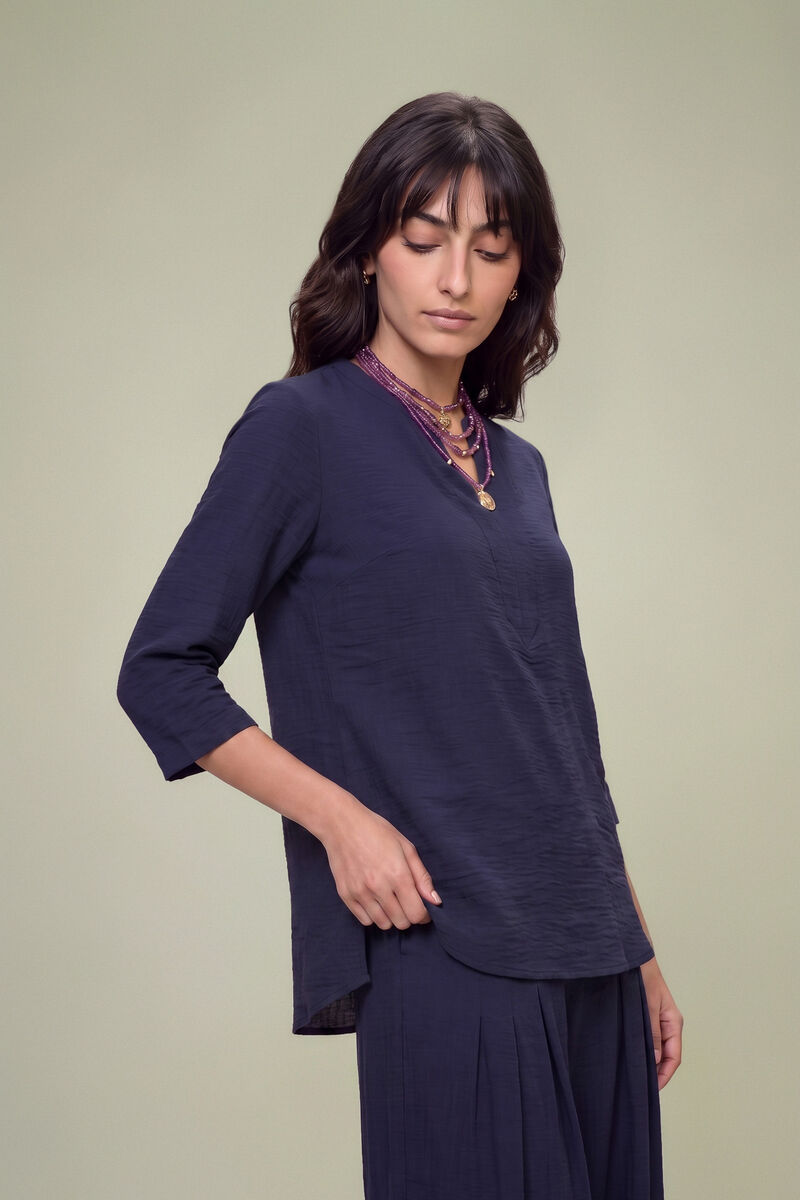 Dyed | Textured Georgette | V-Neck Navy Tunic | USD 40.00