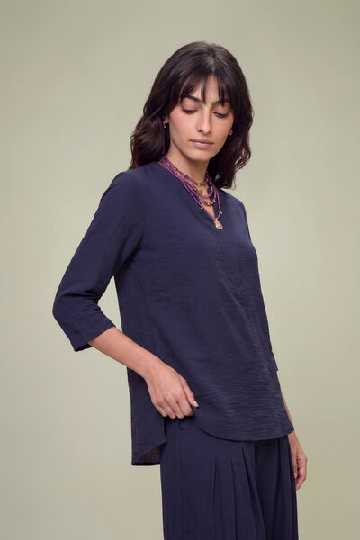 Dyed | Textured Georgette | V-Neck Navy Tunic | USD 40.00
