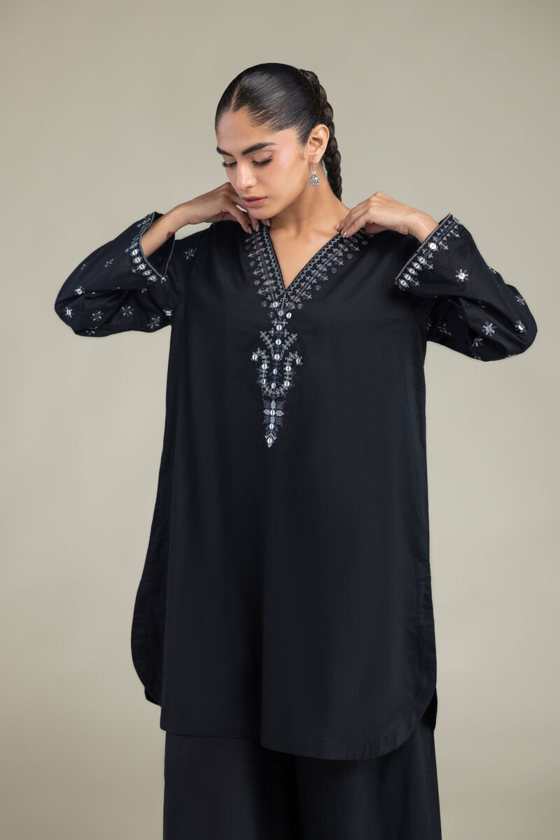 Embroidered | Cambric | Black V-neck Kurta | USD 40.00