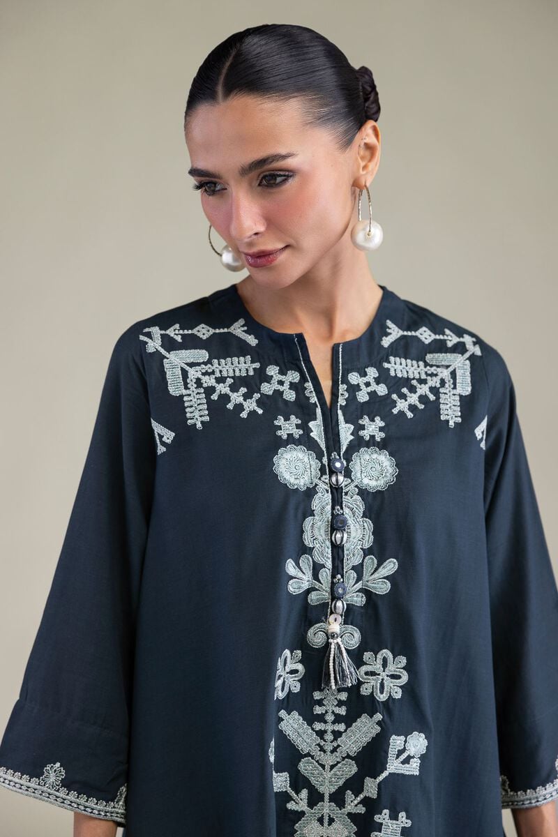 Embroidered | Raw Silk | Floral Navy Kurta | USD 40.00