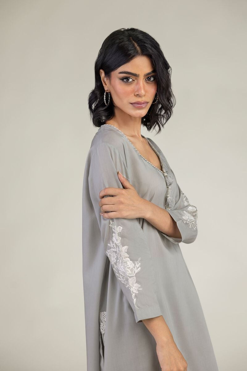 Embroidered | Lyocell | Gray Longline Kurta | USD 40.00