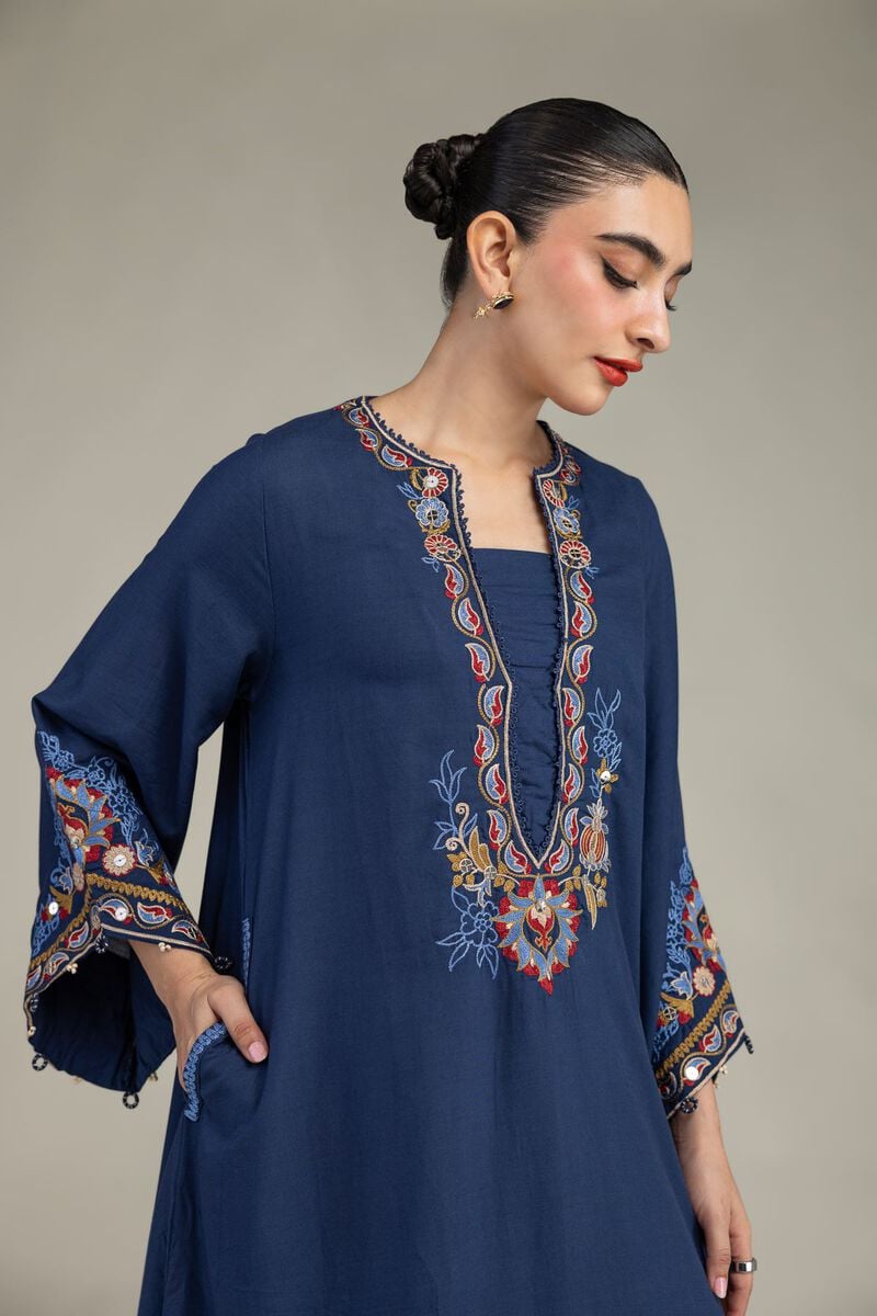 Embroidered | Raw Silk | Floral Navy Kurta | USD 65.00