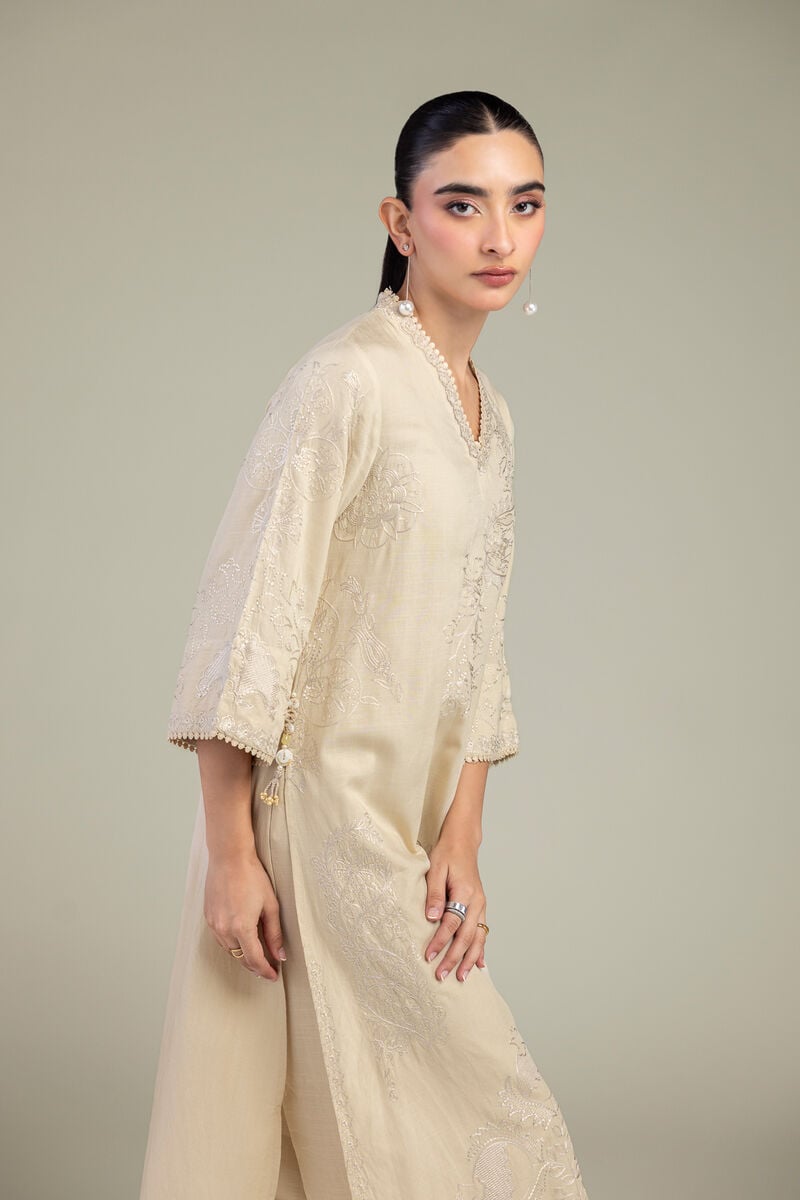 Embroidered | Raw Silk | Floral V-Neck Kurta | USD 60.00