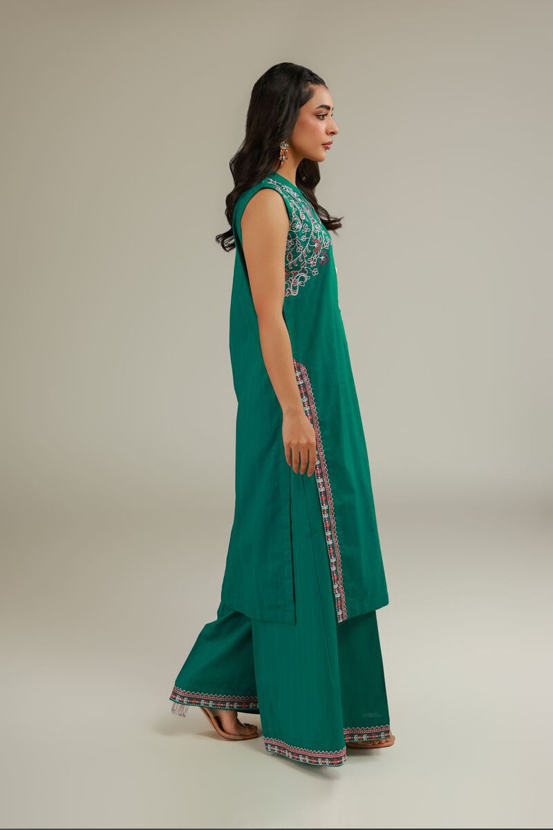 Embroidered | Cotton Dobby | Green Sleeveless Kurta | USD 35.00