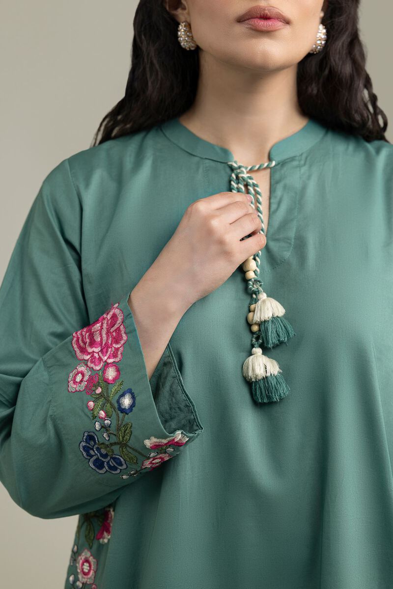 Embroidered | Cambric | Teal Floral Kurta | USD 40.00