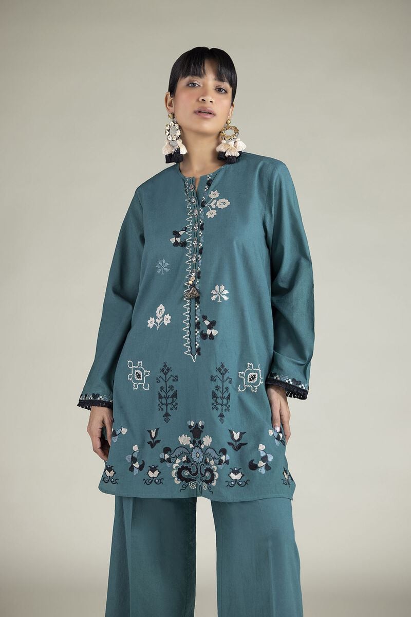 Embroidered | Cambric | Teal Tailored 2-Piece | USD 45.00