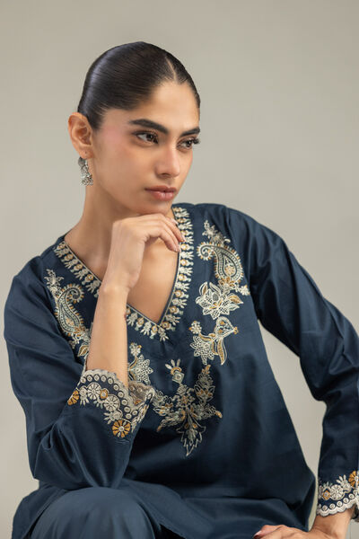 Embroidered | Cambric | Short Navy Kurta | USD 40.00