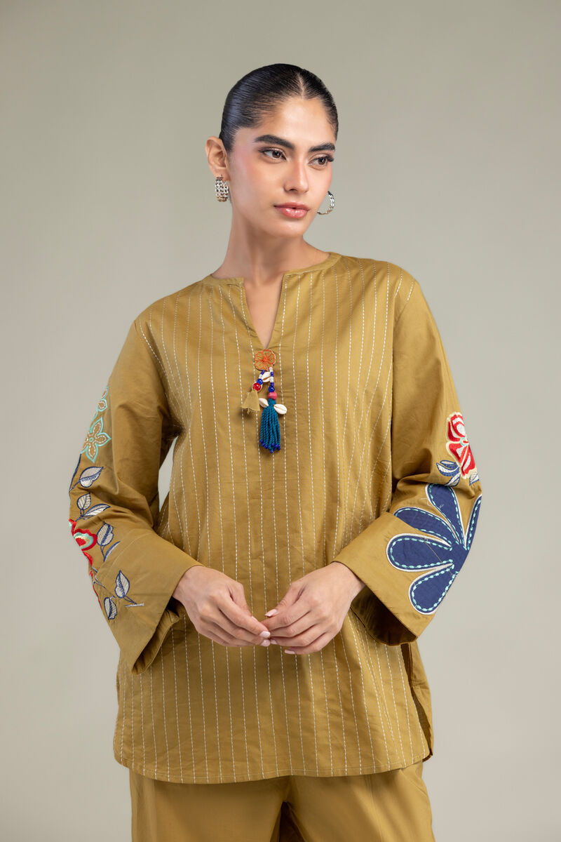 Embroidered | Cambric | Mustard V‑Neck Tunic | USD 40.00