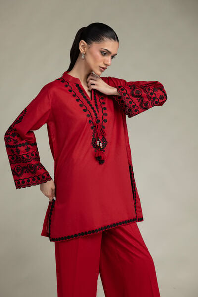 Embroidered | Cambric | Red Cambric Kurta | USD 55.00