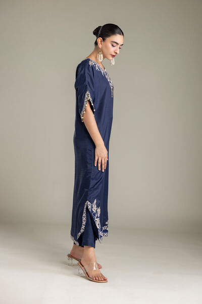 Embroidered | Raw Silk | Navy Silk Pants | USD 40.00