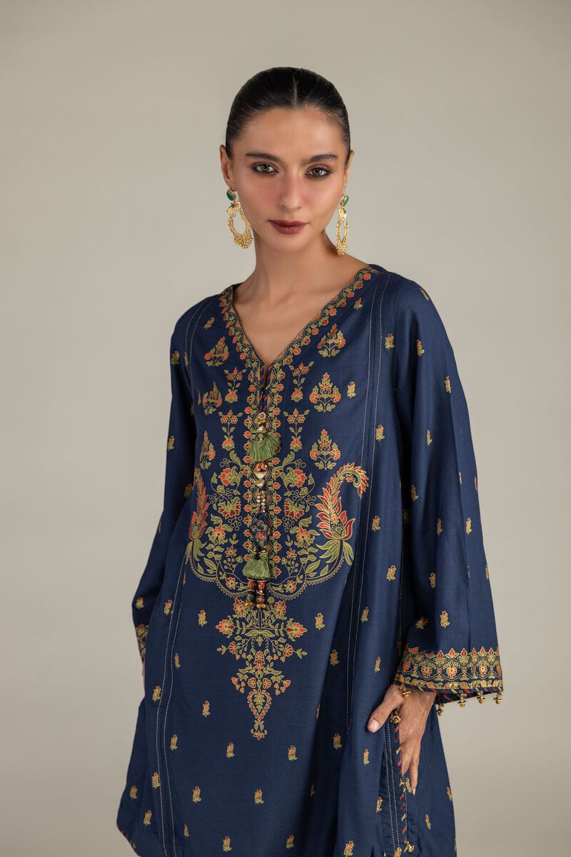Printed | Raw Silk | Navy Silk Kurta | null