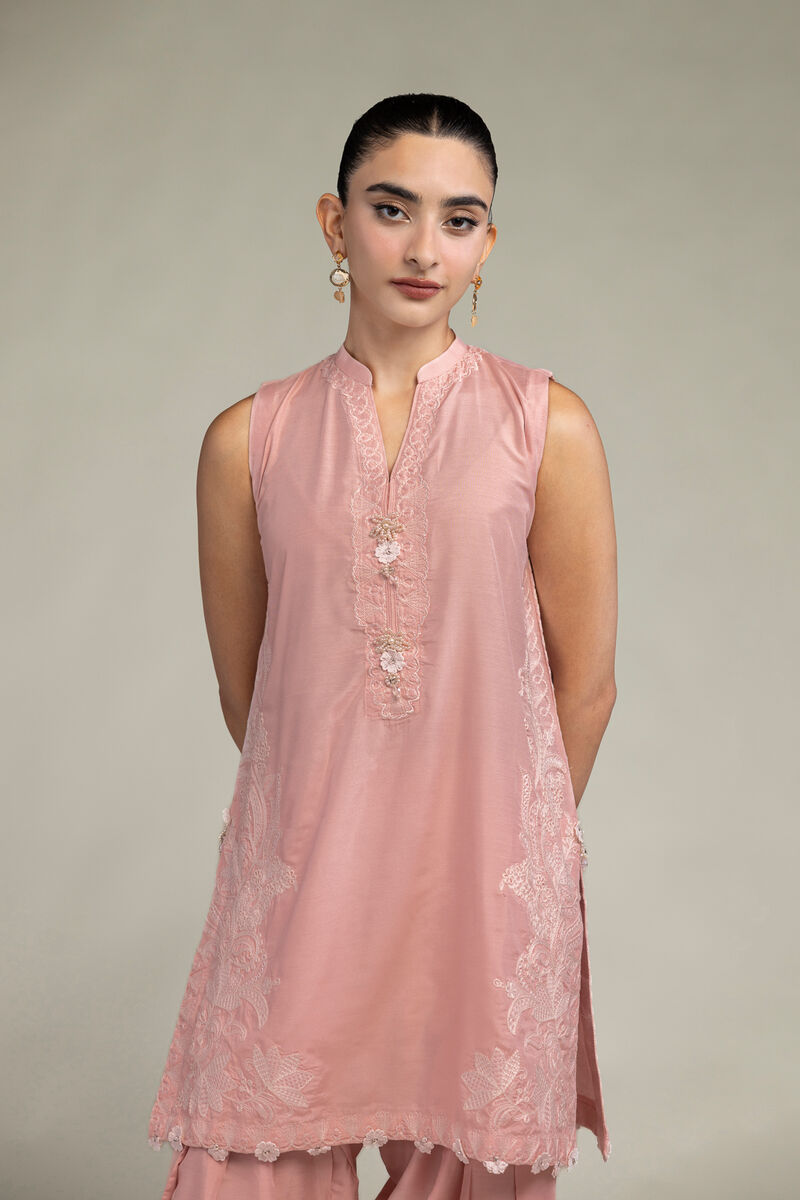 Raw Silk | Sleeveless Pink Kurta | USD 65.00
