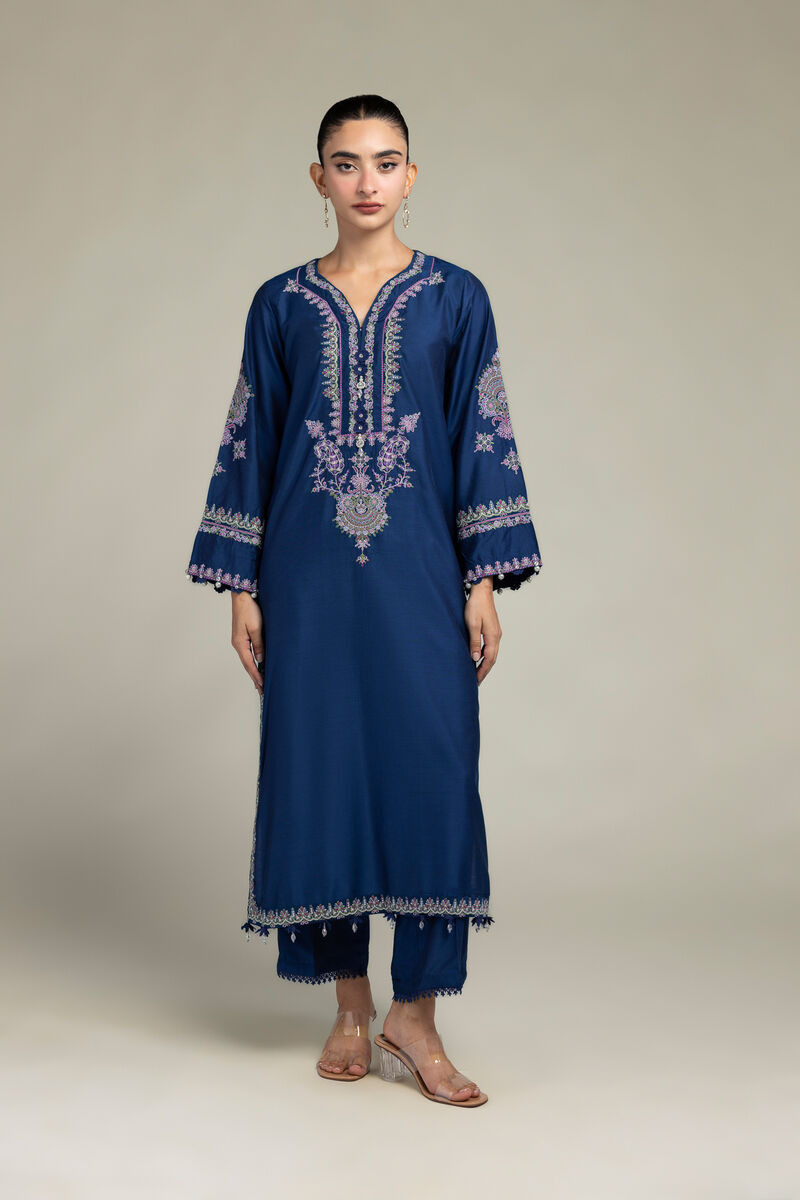 Raw Silk | Navy Longline Kurta | USD 60.00