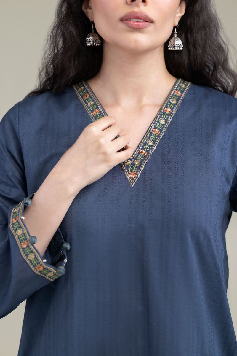 Embroidered | Cotton Dobby | Navy V-Neck Kurta | USD 35.00