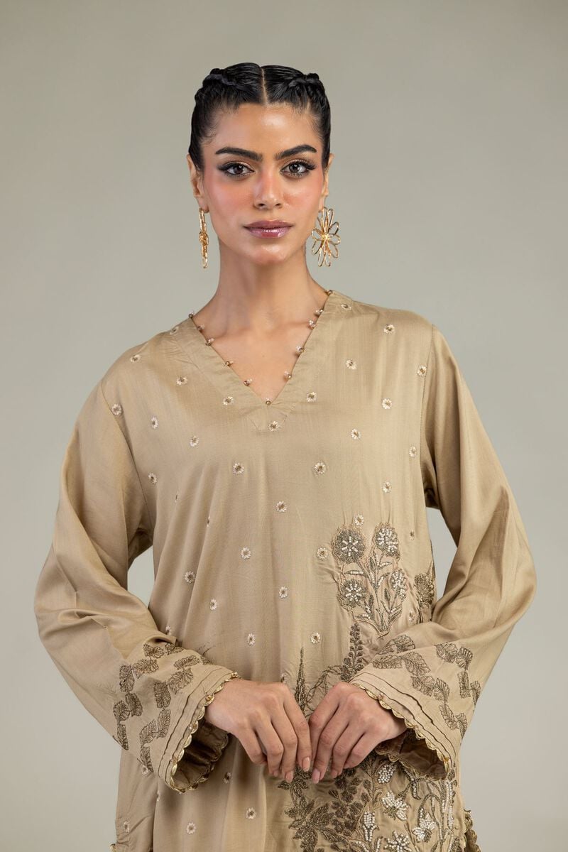 Embroidered | Raw Silk | Floral V-Neck Kurta | USD 60.00