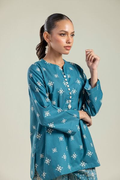 Printed | Cambric | Teal Cambric Kurta | USD 30.00