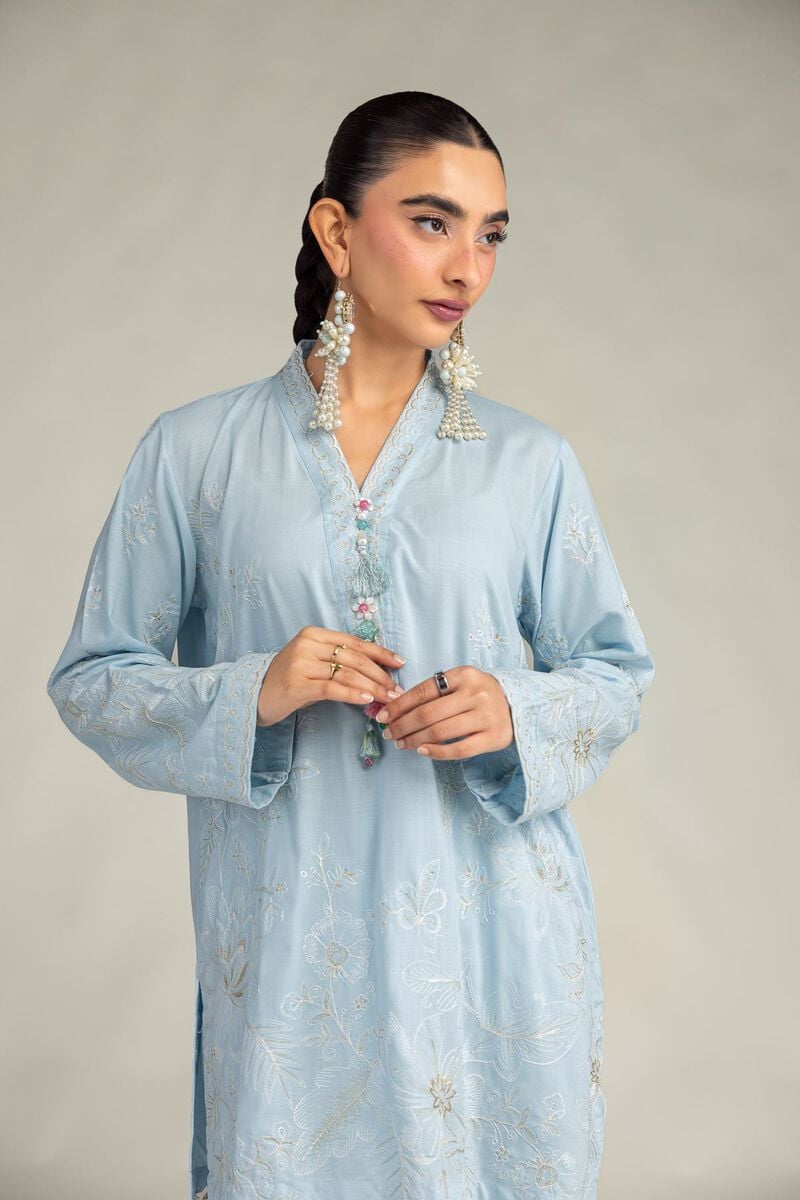 Embroidered | Raw Silk | Blue Floral Kurta | USD 60.00