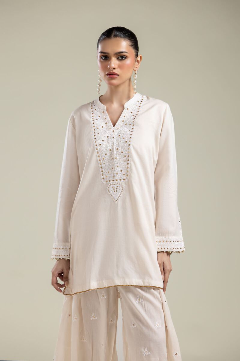 Embroidered | Textured Weave | Short V-Neck Kurta | USD 40.00