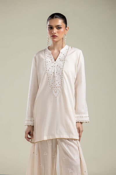 Embroidered | Textured Weave | Short V-Neck Kurta | USD 40.00