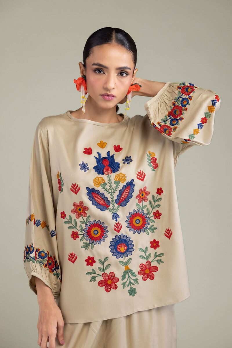 Embroidered | Viscose Crepe | Floral Beige Blouse | null