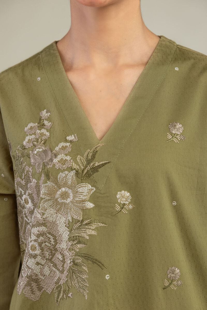 Embroidered | Cotton Dobby | Olive V-Neck Kurta | USD 45.00